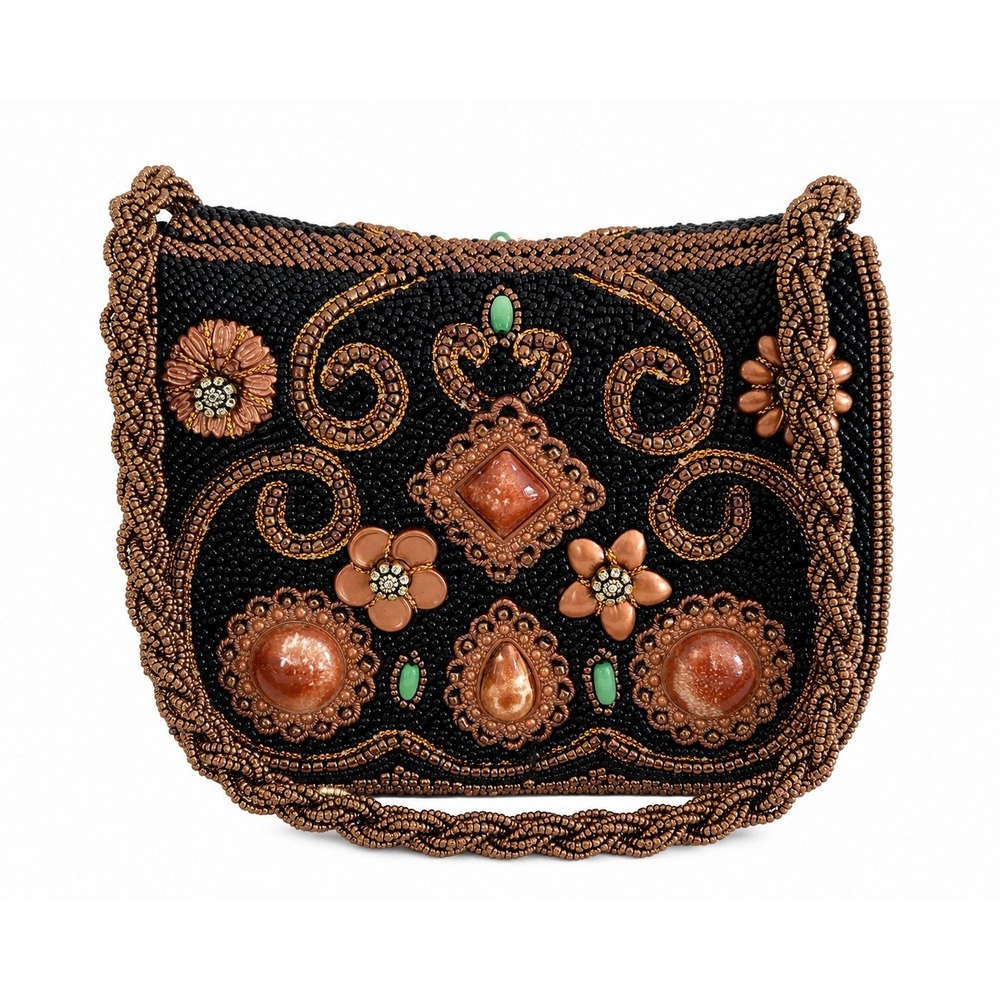 Moni Couture Beaded Handbag Black Bronze Jeweled Floral Shoulder Bag Purse Y2K